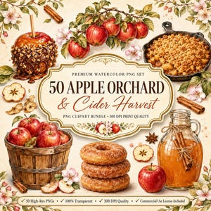 Op de afbeelding: Een digitale clipartset met aquarelillustraties van rode appels, een houten mand, een glazen kan met cider en kaneelstokjes, een gietijzeren pan met appelkruimeltaart, donuts en appelschijfjes, met de tekst 50 APPLE ORCHARD & CIDER HARVEST.