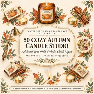 May include: A digital collection of watercolor autumn-themed graphics featuring a candle labeled Spiced Pumpkin, matchboxes, cinnamon sticks, tea lights, and foliage. The central text reads 50 Cozy Autumn Candle Studio and Artisanal Wax Melts.