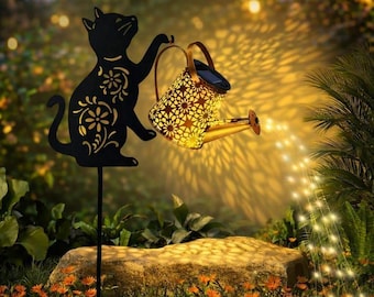 Solar Cat Watering Can Stake Light, Flowing Water Effect Garden Decor