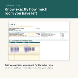 May include: A digital financial tracking spreadsheet for TFSA, RRSP, and FHSA accounts. The interface displays available room, contribution calculations, and a transaction log with dates, types, amounts, and notes for Canadian tax compliance.