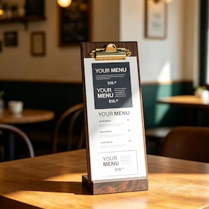 May include: A dark wood menu holder with a gold metal clip at the top, holding a white paper menu with black text that reads YOUR MENU and $10.00. The stand features a rectangular wooden base and a vertical backboard for displaying restaurant items.