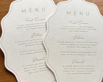Letterpress Hochzeitsmenükarten, Foliengestempelt, minimalistisches Vintage Design, Esszimmerkarten mit benutzerdefiniertem Text