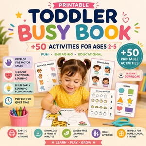 Toddler Busy Book Printable PDF | Preschool Activities Ages 2-5 | Fine Motor Skills | Quiet Time Worksheets | Montessori Learning Pack