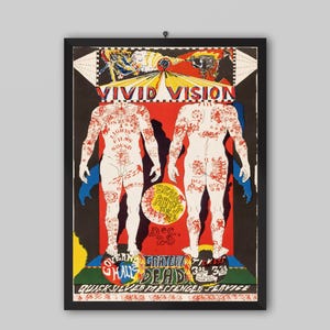 Può includere: Un poster vintage incorniciato con un design psichedelico. Il poster presenta due figure con body art, le parole "Vivid Vision" e testo per Grateful Dead e Quicksilver Messenger Service. La tavolozza dei colori include rosso, giallo, blu e bianco.