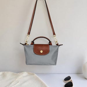Longchamp Style Le Pliage Mini Bag with Strap, Gray Nylon Leather Trim Tote, Bridesmaid Everyday Purse, Perfect Gift for Her