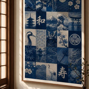 Japanese Patchwork Print Rolled Poster | Indigo Ukiyo-e Collage