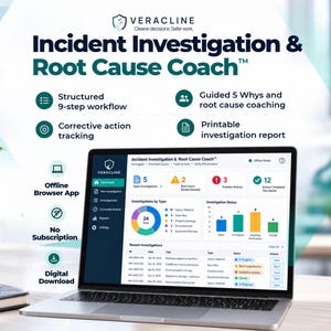 Op de afbeelding: Een laptop met het dashboard van de Veracline Incident Investigation & Root Cause Coach software. Het scherm toont onderzoeksstatistieken, grafieken en een lijst met recente incidenten. Tekst benadrukt functies zoals een 9-staps workflow, 5 Whys coaching en het volgen van corrigerende maatregelen.