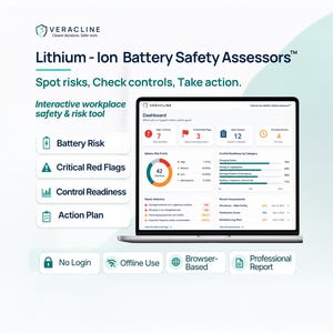 Pode incluir: Um computador portátil exibindo o painel do Veracline Lithium-Ion Battery Safety Assessors. A tela mostra perfis de risco, alertas críticos, prontidão de controle e planos de ação. Texto: 'Spot risks, Check controls, Take action.'