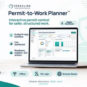 May include: A laptop displaying the Veracline Permit-to-Work Planner dashboard. The screen shows permit operations, a guided 9-step workflow, and status charts. Text includes Digital Download, Offline, No Login, and Browser-Based features.