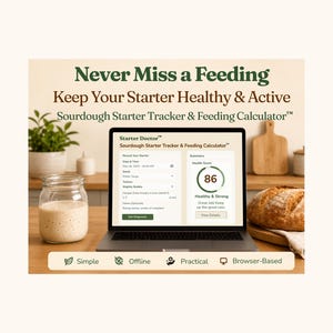 Puede incluir: Un ordenador portátil que muestra el software Starter Doctor Sourdough Starter Tracker & Feeding Calculator. La pantalla muestra campos para fecha, hora, olor y textura, junto a una puntuación de salud de 86. El texto dice Never Miss a Feeding.