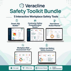 Può includere: Veracline Safety Toolkit Bundle con 5 strumenti interattivi per la sicurezza sul lavoro: Smart JSA Builder, Contractor Safety Prequalification Scorer, Heat Stress Action Planner, Workplace Risk Assessment Tool e Lithium-Ion Battery Safety Assessor.