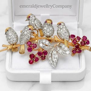 Vintage Style Birds on Branch Brooch Pin, Moissanite and Lab Created Ruby 925 Sterling Silver Gold Vermeil Nature Jewelry Gift for Her