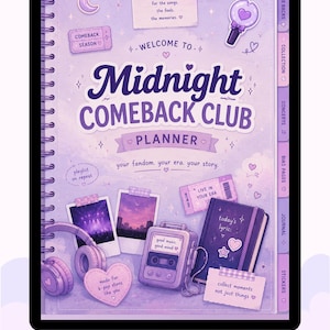 May include: A spiral-bound digital planner with a purple theme titled Midnight Comeback Club Planner. The cover features illustrations of headphones, a cassette player, polaroid photos, and text including for the songs, the feels, the memories.