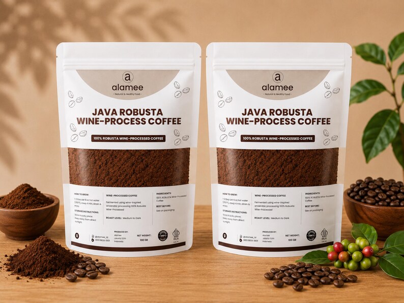 Anaerobic fermented ground Java Robusta Indonesian coffee, Coffea canephora