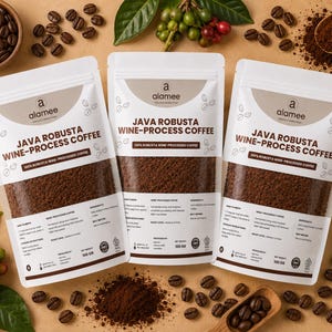 Fruit forward Java Robusta ground coffee beans, specialty Coffea canephora