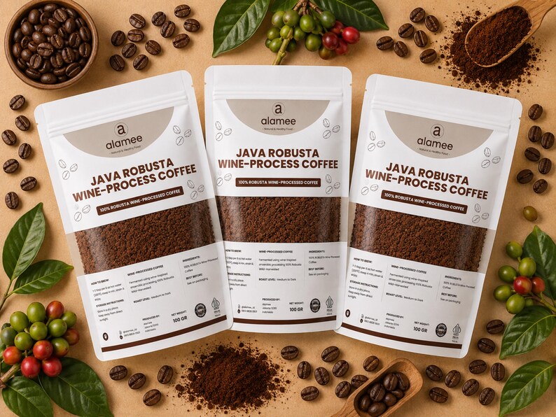 Fruit forward Java Robusta ground coffee beans, specialty Coffea canephora