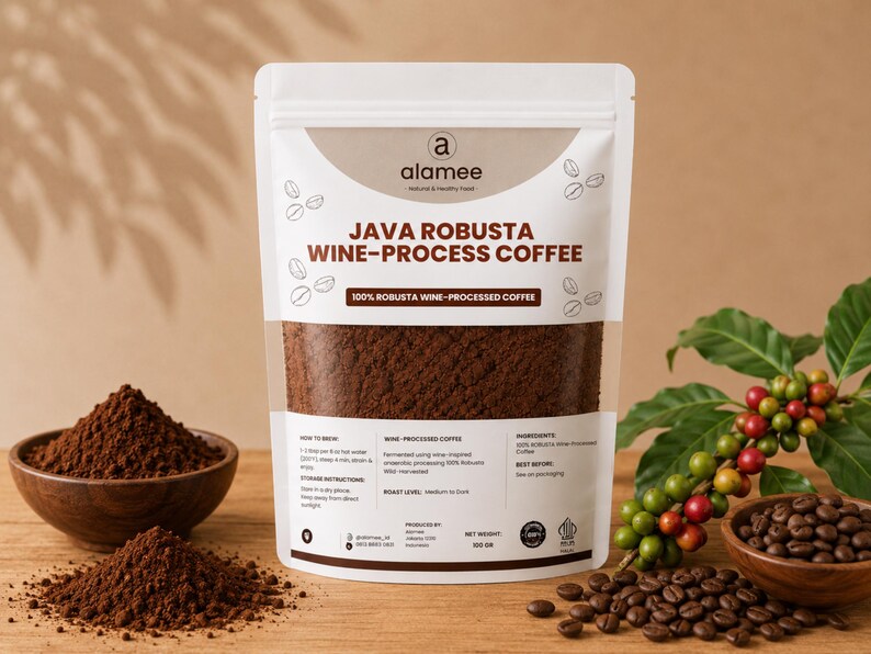 Wine process Java Robusta ground coffee specialty bag, Coffea canephora.