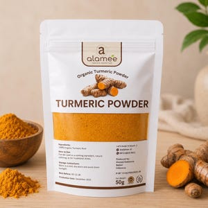 Cúrcuma en polvo (Curcuma longa), especia molida, hierba aromática culinaria.