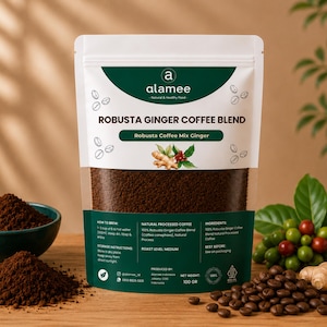 May include: A white and dark green stand-up pouch of Alamee Robusta Ginger Coffee Blend with a net weight of 100 grams. The packaging features text, coffee bean illustrations, and a ginger root graphic. The pouch is filled with dark brown coffee grounds.