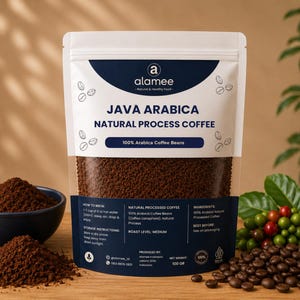 May include: A white and dark blue stand-up pouch of Alamee Java Arabica natural process coffee beans. The label features the text Java Arabica Natural Process Coffee, 100% Arabica Coffee Beans, and a net weight of 100 grams, with brewing instructions.