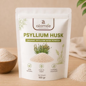 May include: A white bag of "PSYLLIUM HUSK ORGANIC PSYLLIUM HUSK POWDER" with a wooden bowl and a pile of powder. The bag has a logo and illustrations. The text "100% NATURAL", "HIGH IN FIBER", and "SUPPORTS DIGESTION" are also visible. Net weight: 100 gr.