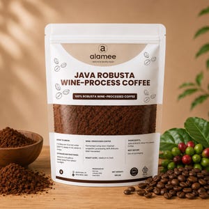 Exotic wine-processed ground Java Robusta coffee, specialty Coffea canephora