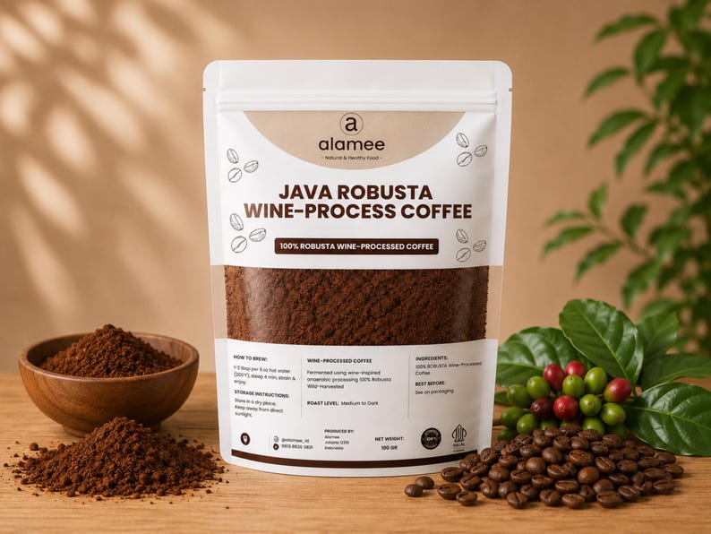 Exotic wine-processed ground Java Robusta coffee, specialty Coffea canephora