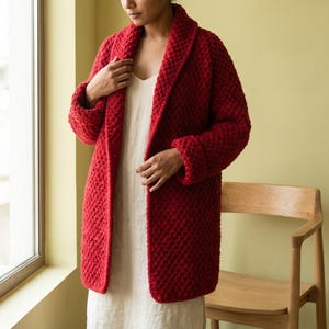 Cardigan a maglia grossa rosso / Giacca di lana oversize da donna / Cappotto invernale accogliente con apertura frontale, maglione lungo fatto a mano, capospalla alla moda autunnale, regalo