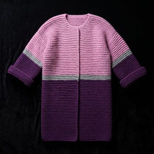 Chunky Knit Long Cardigan, Pink and Purple Colorblock Wool Duster Coat, Cozy Oversized Crochet Sweater, Handmade Winter Jacket for Women