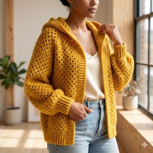 Yellow Crochet Hooded Cardigan, Mustard Granny Square Sweater, Chunky Knit Open Front Jacket, Boho Oversized Hoody, Cozy Handmade Gift Warm