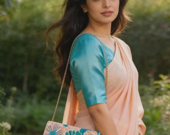 Handgemaakte opvouwbare clutch met turquoise kralen, India, tas met bloemenkralen, ambachtelijke avondtasje