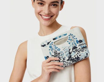 Handgemaakte handtas met kralen, India, witblauwe handtas met glaskraal, Indiase bruiloftclutch