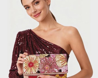 Handgemaakte blush gouden kralenfoldover clutch India, bloementas met paillettenkralen, ambachtelijke avondclutch