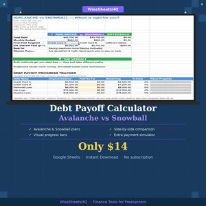 Puede incluir: Una herramienta digital de planificación financiera titulada "Calculadora de pago de deudas: Avalancha vs. Bola de nieve". La hoja de cálculo compara estrategias de pago de deudas, incluyendo barras de progreso visuales y comparaciones lado a lado.