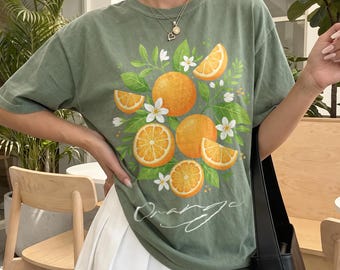 Comfort Colors Orange Grafik-T-Shirt, Hemd für Zitrusfrucht-Gartenliebhaber, Orangenblüten-Blumentop, Geschenk für Pflanzenliebhaber, Vintage-Botanischer Druck