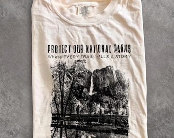 Comfort Colors 90er-Jahre-T-Shirt „Schützt unsere Nationalparks“, Yosemite-Wasserfall-Grafik-Shirt, Geschenkidee für Wanderfreunde, Vintage-Shirt für das Leben am See