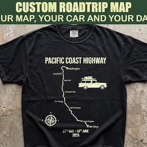 Custom Roadtrip Map Shirt, Pacific Coast Highway Tee, Travel Graphic, PCH Road Trip Clothing