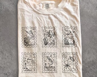Vintage-T-Shirt mit Meeresmotiven und Briefmarkenmotiv, Retro Comfort Colors® Y2K Matrosen-T-Shirt, Geschenk für Meeresbiologen, Küstenästhetik