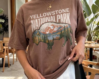 Yellowstone Bison Vintage 90er-Jahre Grafik-T-Shirt, Comfort Colors® Wyoming Wandershirt Unisex, Geschenk für Naturliebhaber und Outdoor-Abenteurer