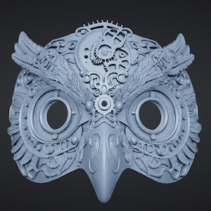 3D-utskrivbar Steampunk-ugglemask, mekaniskt urverksfågelansikte STL-fil för Cosplay, Halloween-kostym digital nedladdning