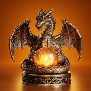 Peut inclure: Une figurine de dragon couleur bronze aux ailes déployées, perchée sur une base circulaire. Le dragon tient une sphère lumineuse entre ses griffes avant. La sculpture présente des écailles détaillées, des cornes et une texture sur tout le corps.