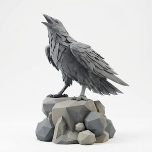 May include: A low-poly sculpture of a raven with its beak open, perched on a cluster of geometric rocks. The bird and the base are rendered in shades of matte gray, featuring sharp, angular facets that define the feathers and stone surfaces.