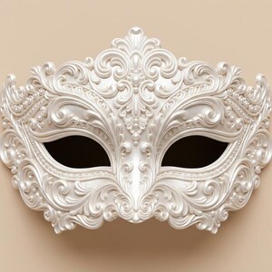 May include: A cream-colored masquerade mask featuring intricate, raised scrollwork and filigree patterns. The mask has two large, almond-shaped eye openings and a symmetrical, ornate design with a smooth, pearlescent finish throughout.