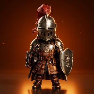 May include: A small knight figurine wearing metallic silver and bronze armour with a red plume on the helmet. The figure holds a shield with an embossed crest and wears a breastplate featuring a lion emblem, standing in a full suit of armour.