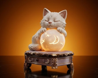 Kattkristallkula nattlampa STL-fil | Häxkattstaty 3D-utskriftsmodell | Mystisk dekorationsfigur