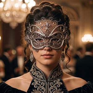 May include: A silver filigree masquerade mask with intricate metalwork patterns, worn with matching silver drop earrings and a dark blue velvet garment featuring detailed silver embroidery around the high neckline.