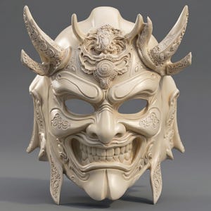 May include: A cream-colored mask featuring intricate relief carvings of horns, swirling patterns, and a fierce facial expression with bared teeth. The mask displays detailed textures across the forehead, cheeks, and chin, with symmetrical horn-like protrusions extending from the top sides.