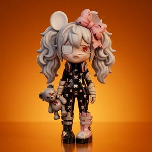 May include: A stylized figurine with light gray hair in pigtails, a pink bow, and one eye covered by a white patch. The figure wears a black patterned bodysuit, arm wraps, and mismatched boots, while holding a small gray teddy bear in one hand.