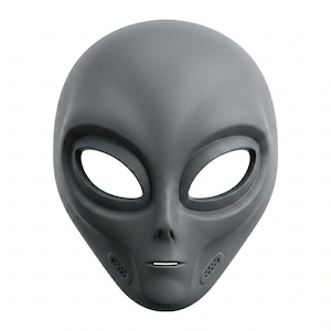 May include: A gray alien mask featuring a smooth, rounded cranium, large oval-shaped eye openings, a small nose bridge, and a thin horizontal mouth slit. The lower cheek areas include small, recessed circular patterns on both the left and right sides.