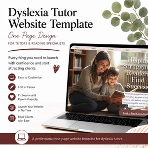 Dyslexia Tutor Website Template Canva — One Page Reading Specialist Website, Editable Tutoring Website, Literacy Tutor